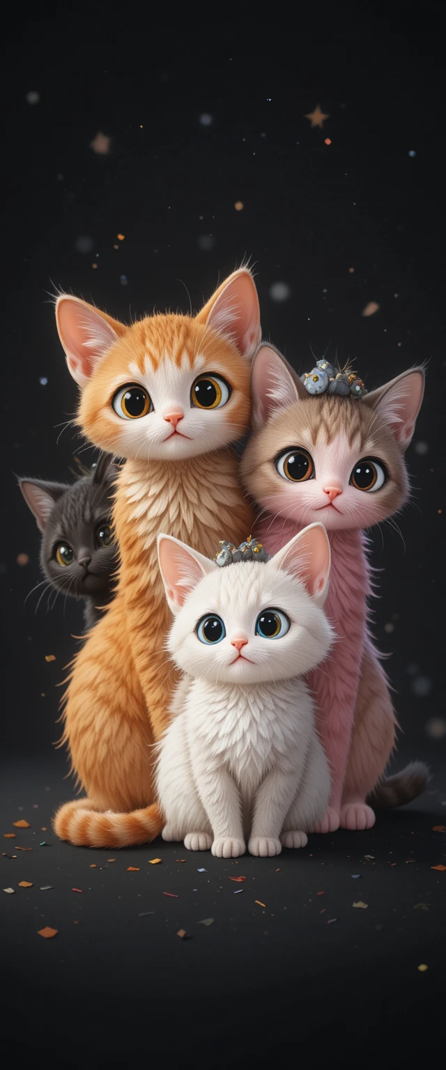 Pile de quatre chats cartoons mignons sur fond sombre