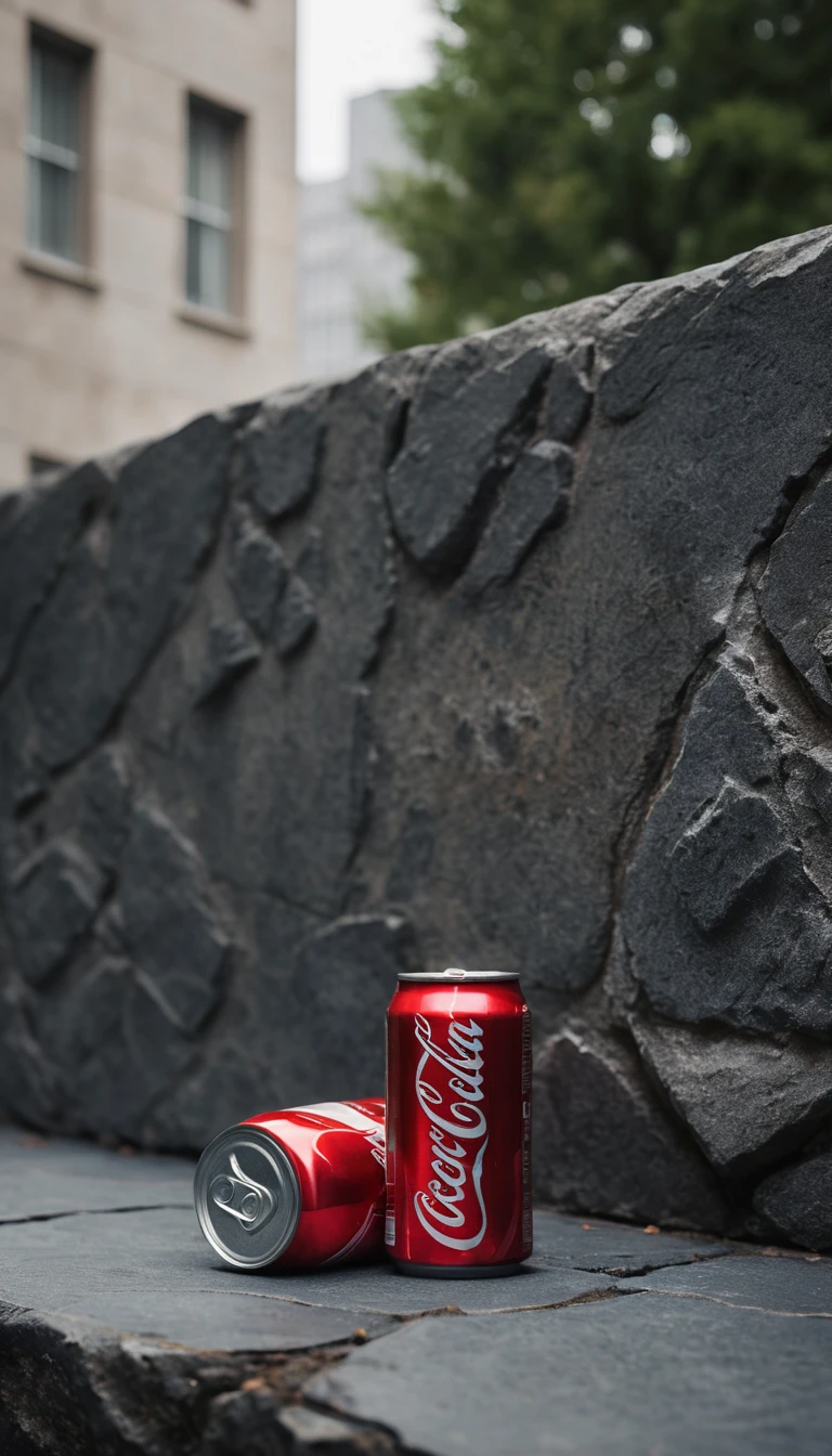 Canette de soda rouge sur rebord en pierre dans une scène urbaine de jour
