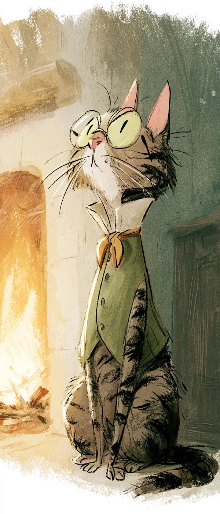 Regal tabby cat in waistcoat by a cozy fireplace