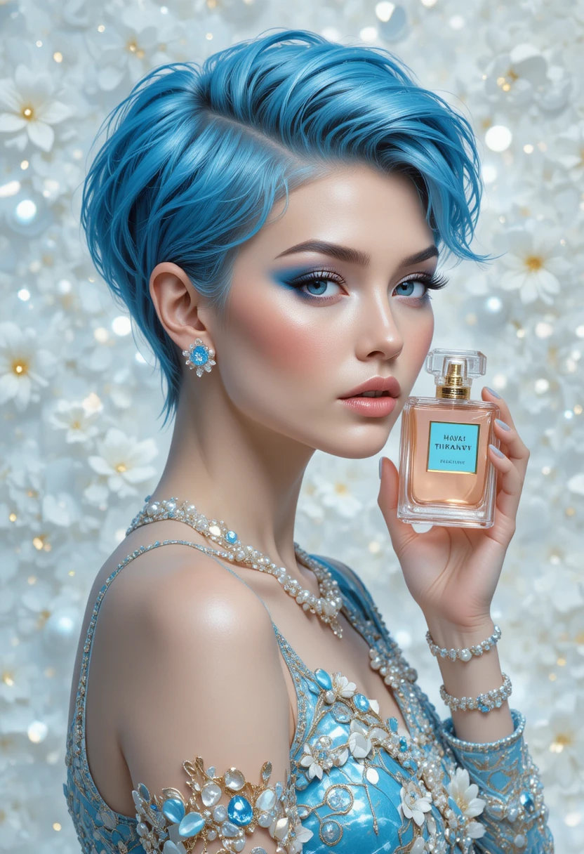 Mujer elegante sosteniendo perfume sobre fondo blanco nacarado