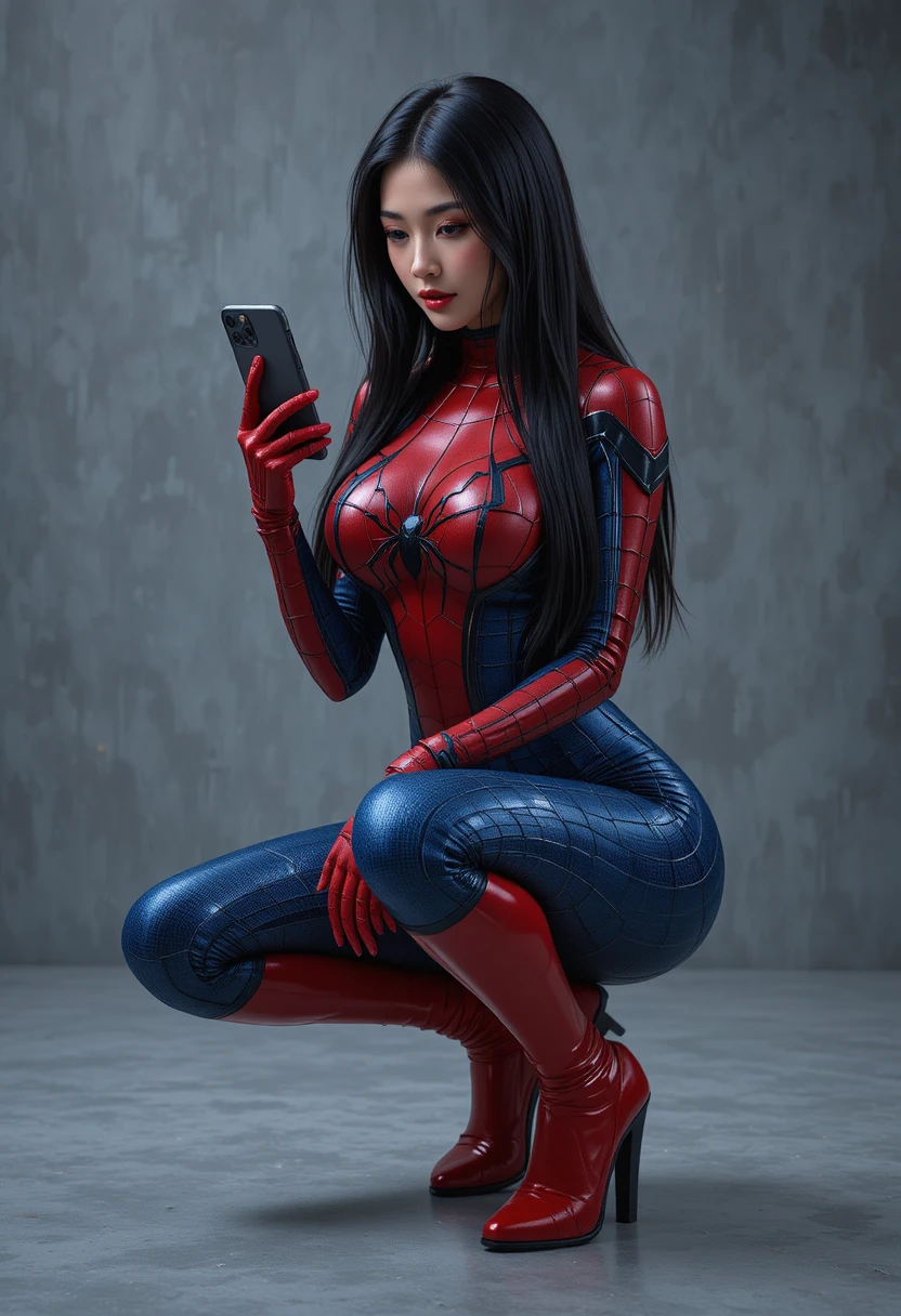 Asian cosplay woman crouching in red and blue bodysuit