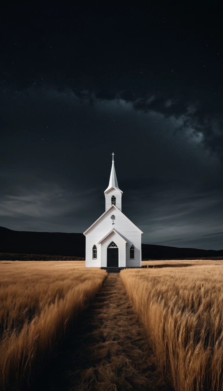 Piccola chiesa bianca in un campo buio sotto il cielo notturno