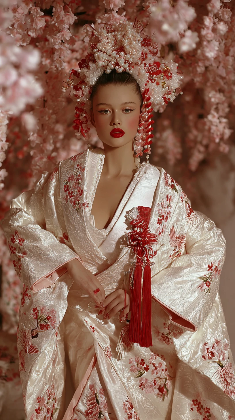 Novia gueisha de alta costura con kimono shiromuku blanco en capas