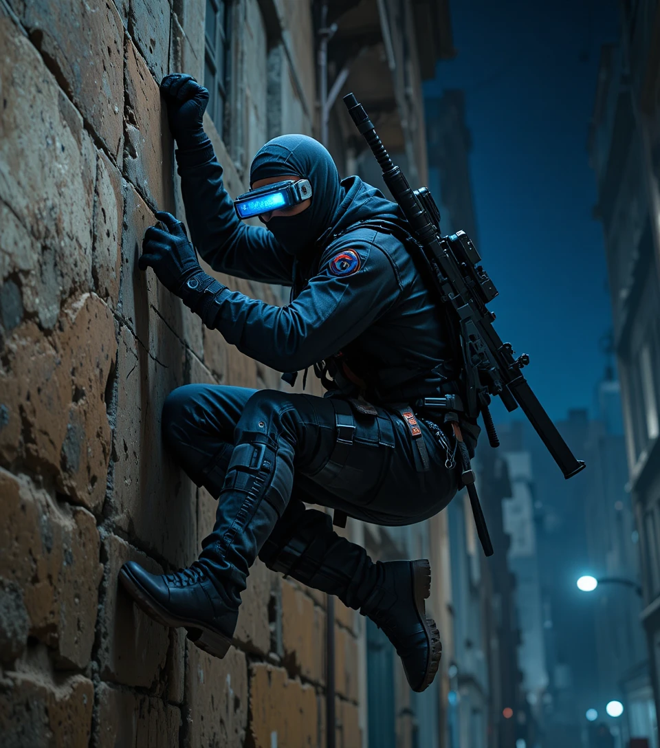 Soldado ninja pendurado em um prédio da cidade à noite