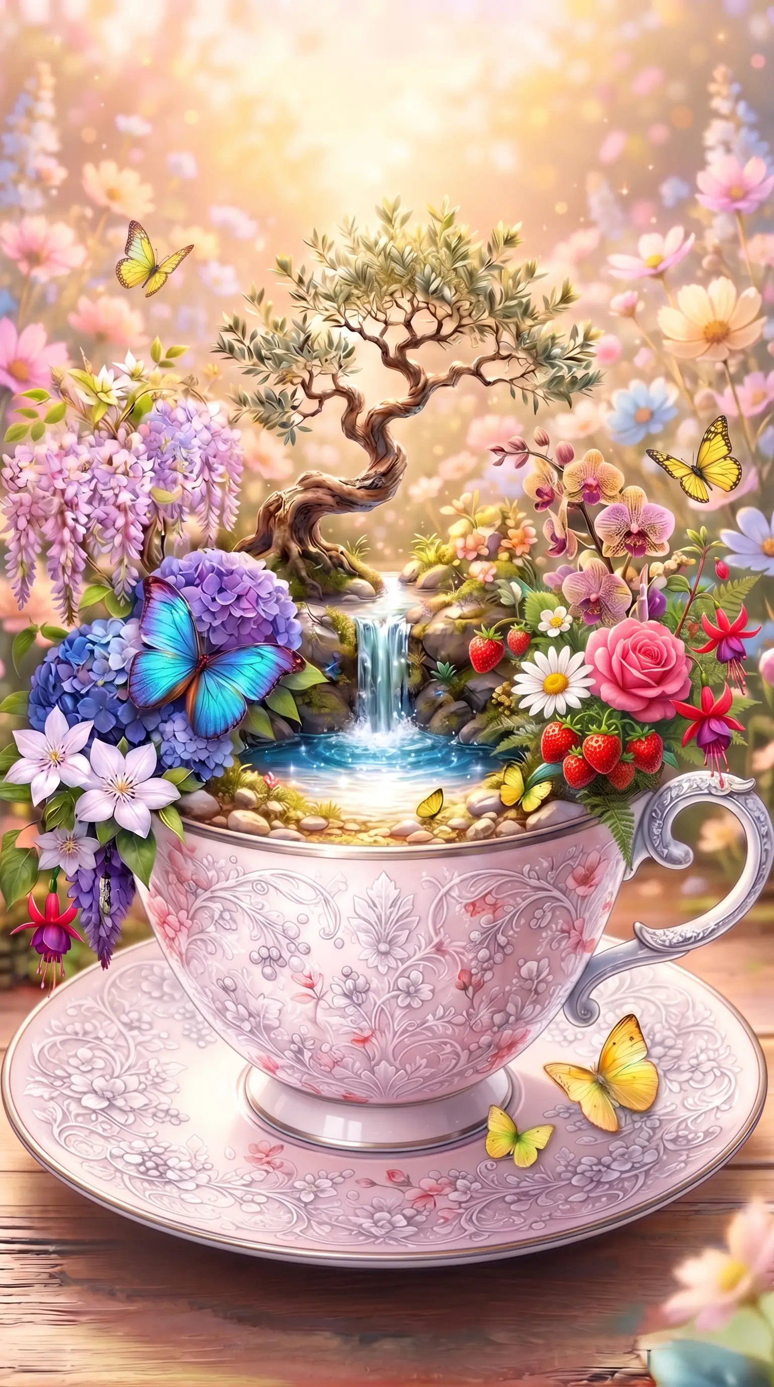 Allegra scena estiva con tazza in tonalità rosa e lavanda