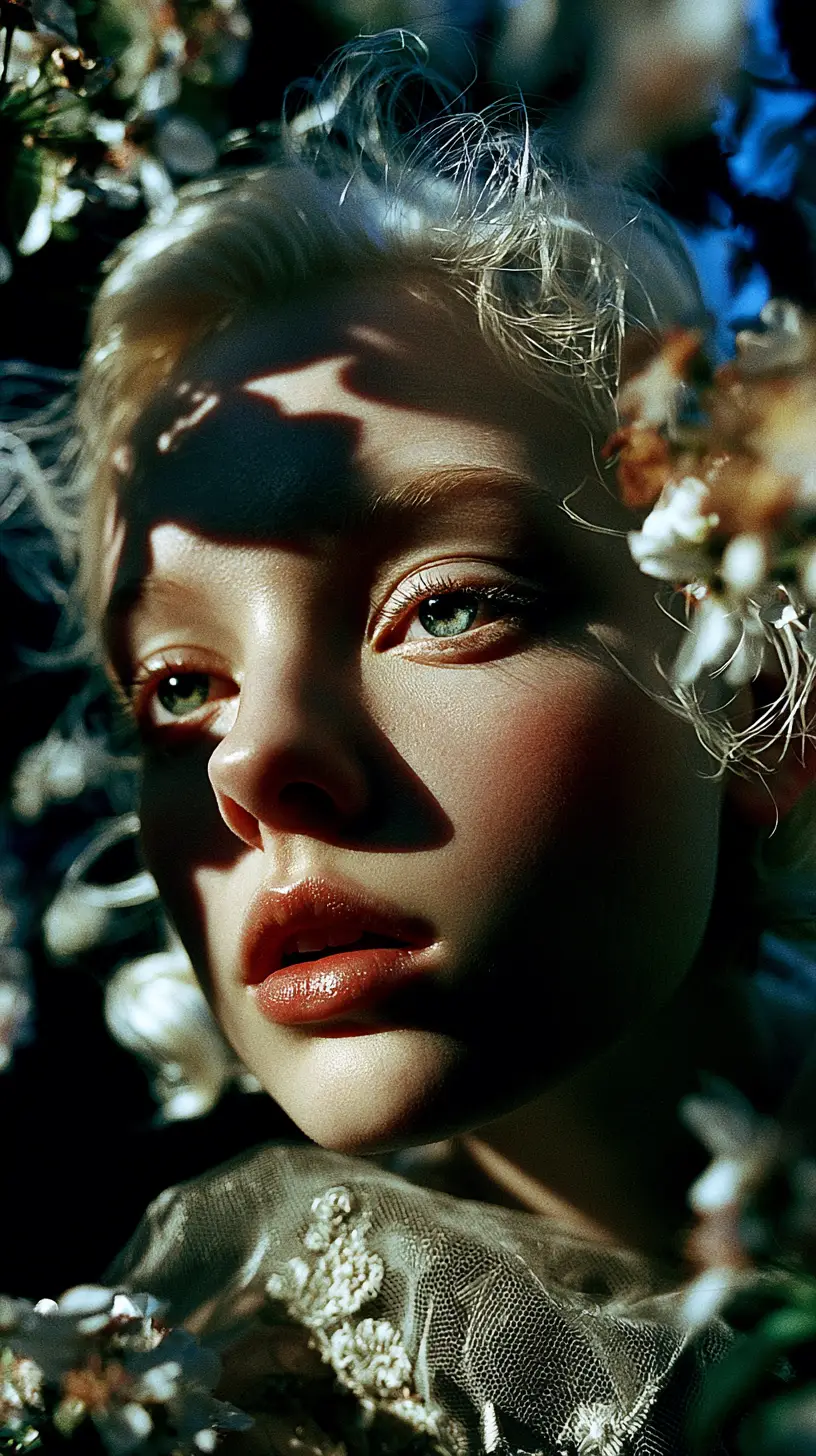 Ethereal girl in blossoms with luminous contemplative gaze