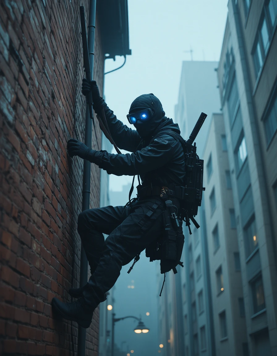 Ninja furtivo appeso a un edificio con equipaggiamento tattico