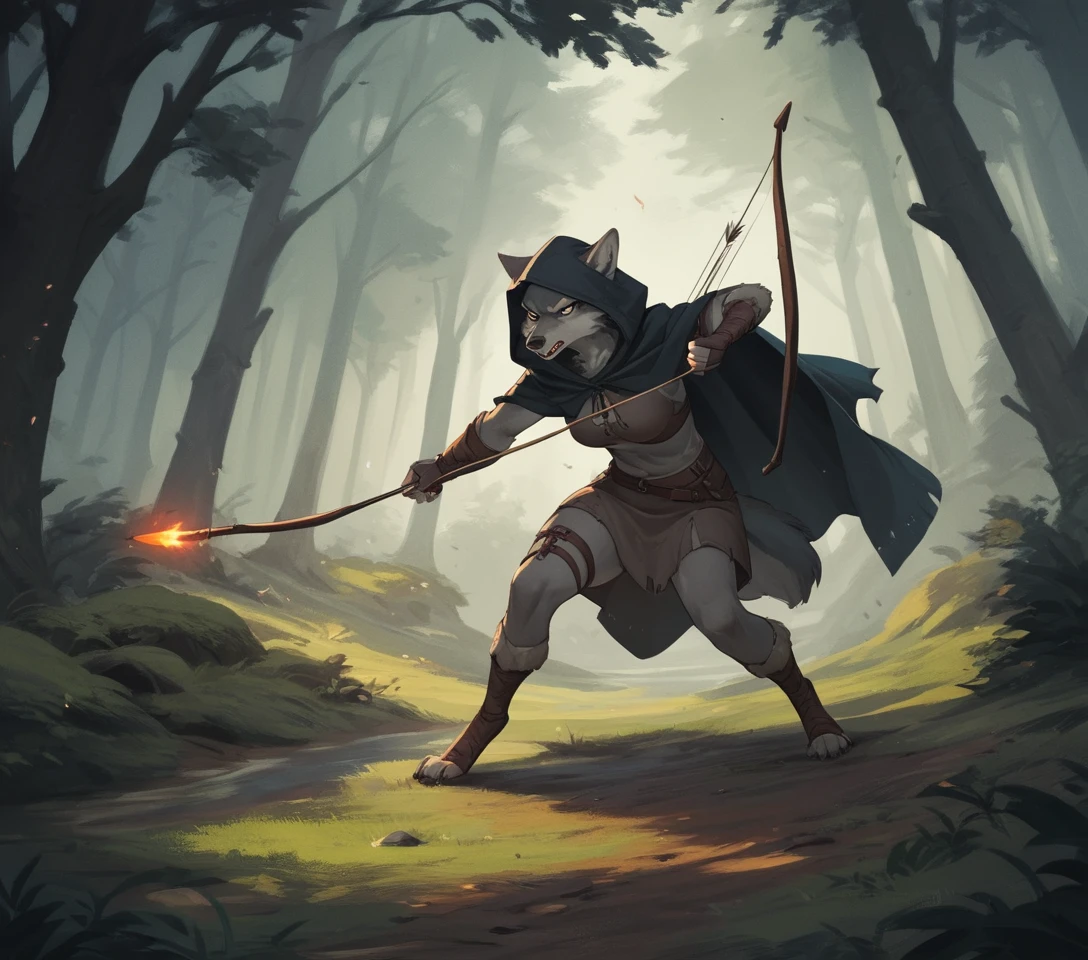 Archer loup anthropomorphe avec cape dans une forêt
