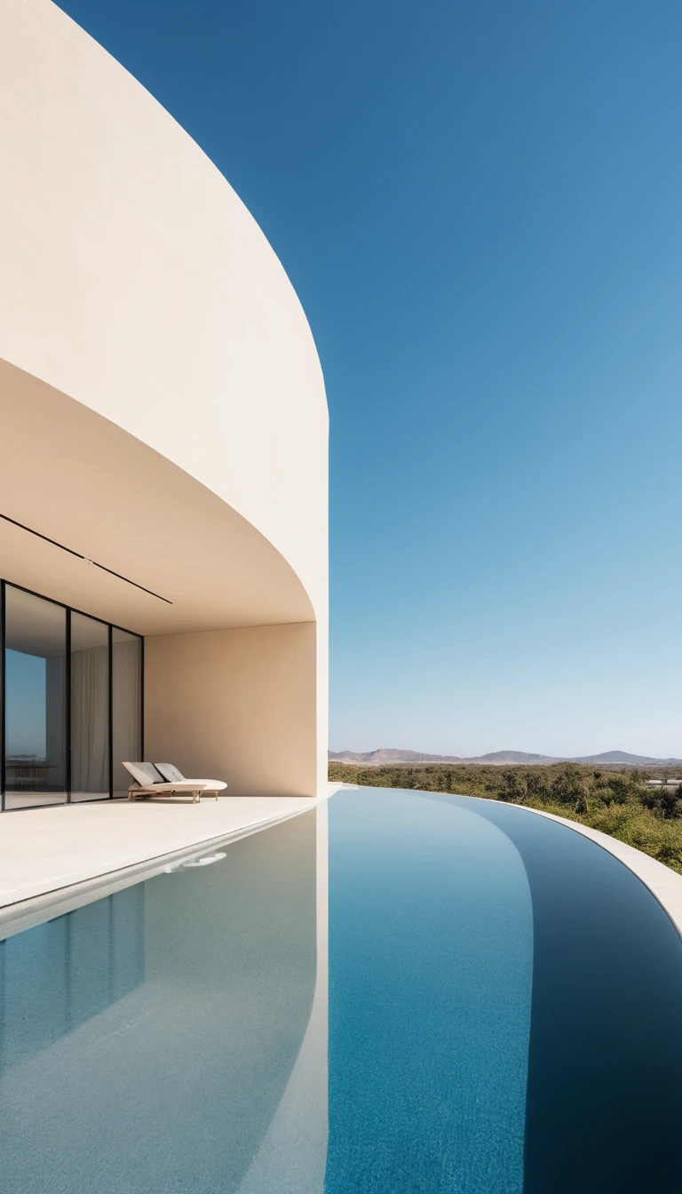 Parede curva minimalista e figura ao lado de piscina refletiva