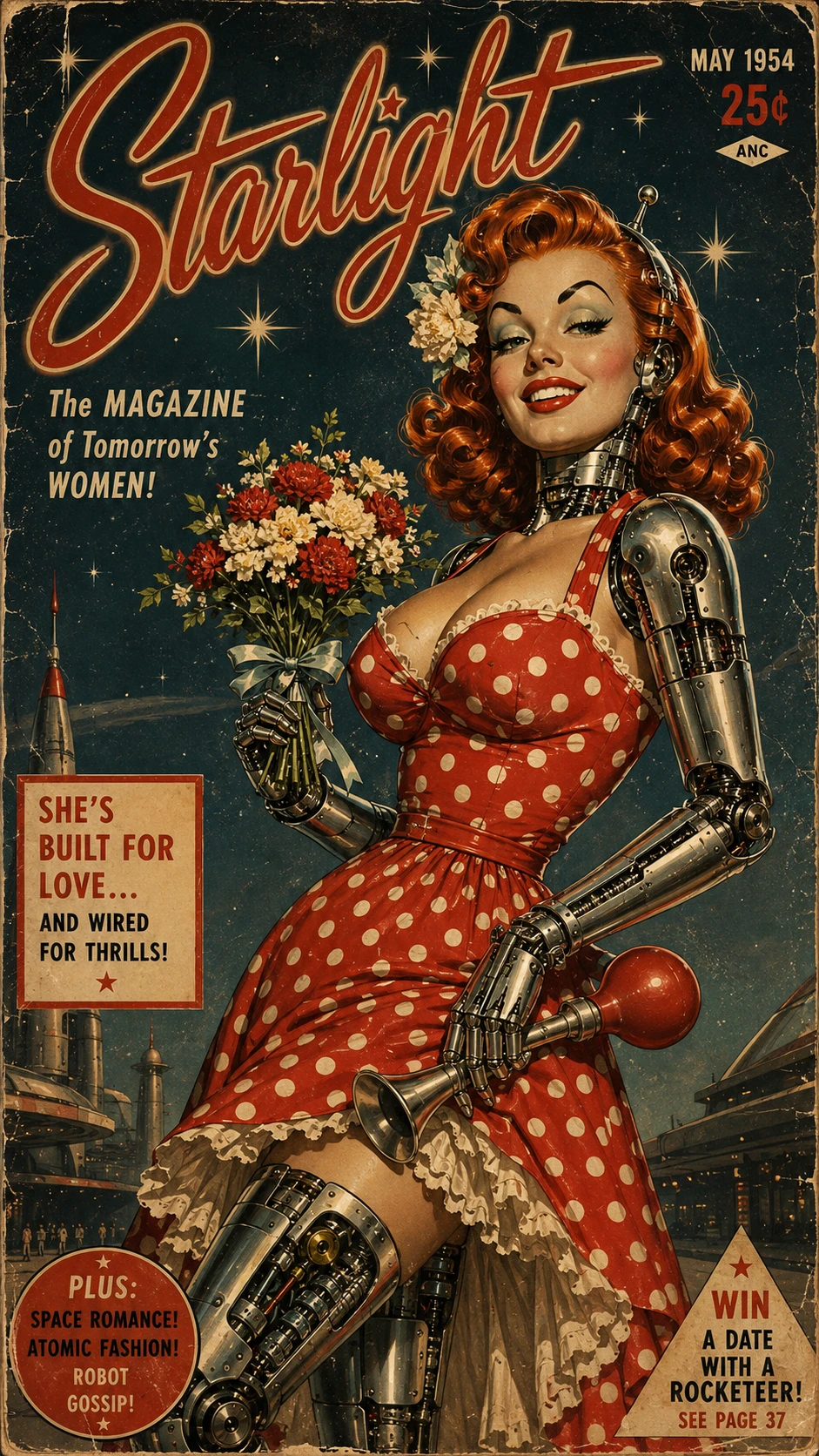 Femme pin-up rétro de science-fiction sur une couverture de magazine vintage