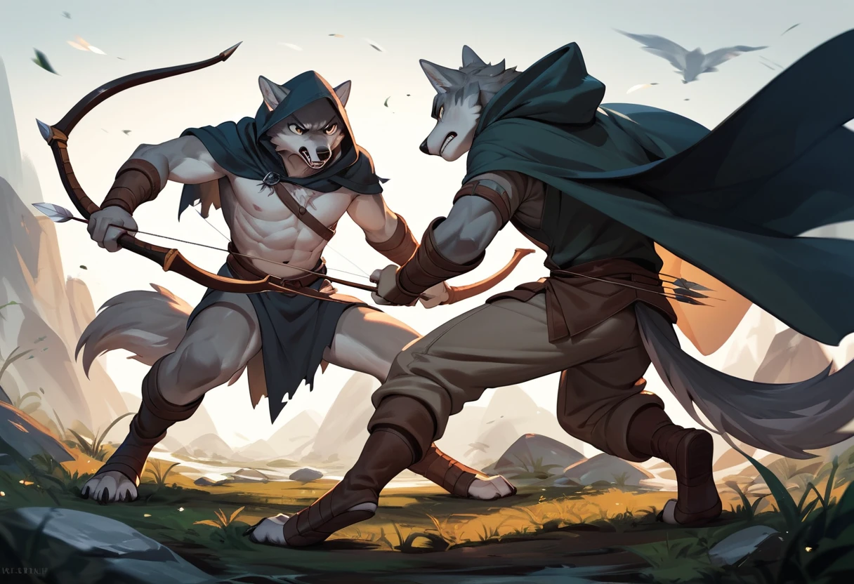 Loup Gris Anthropomorphe Archer en Cape à Capuche