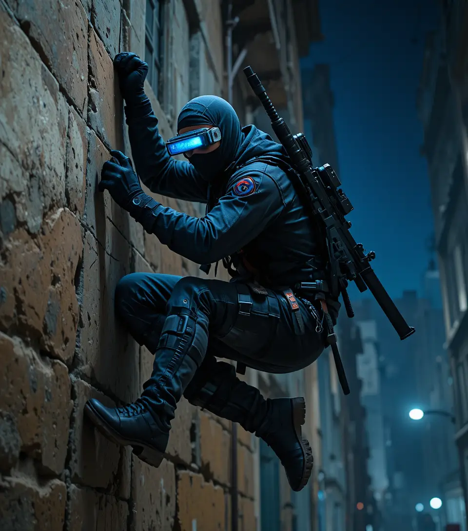 Soldat ninja suspendu à un immeuble de la ville la nuit