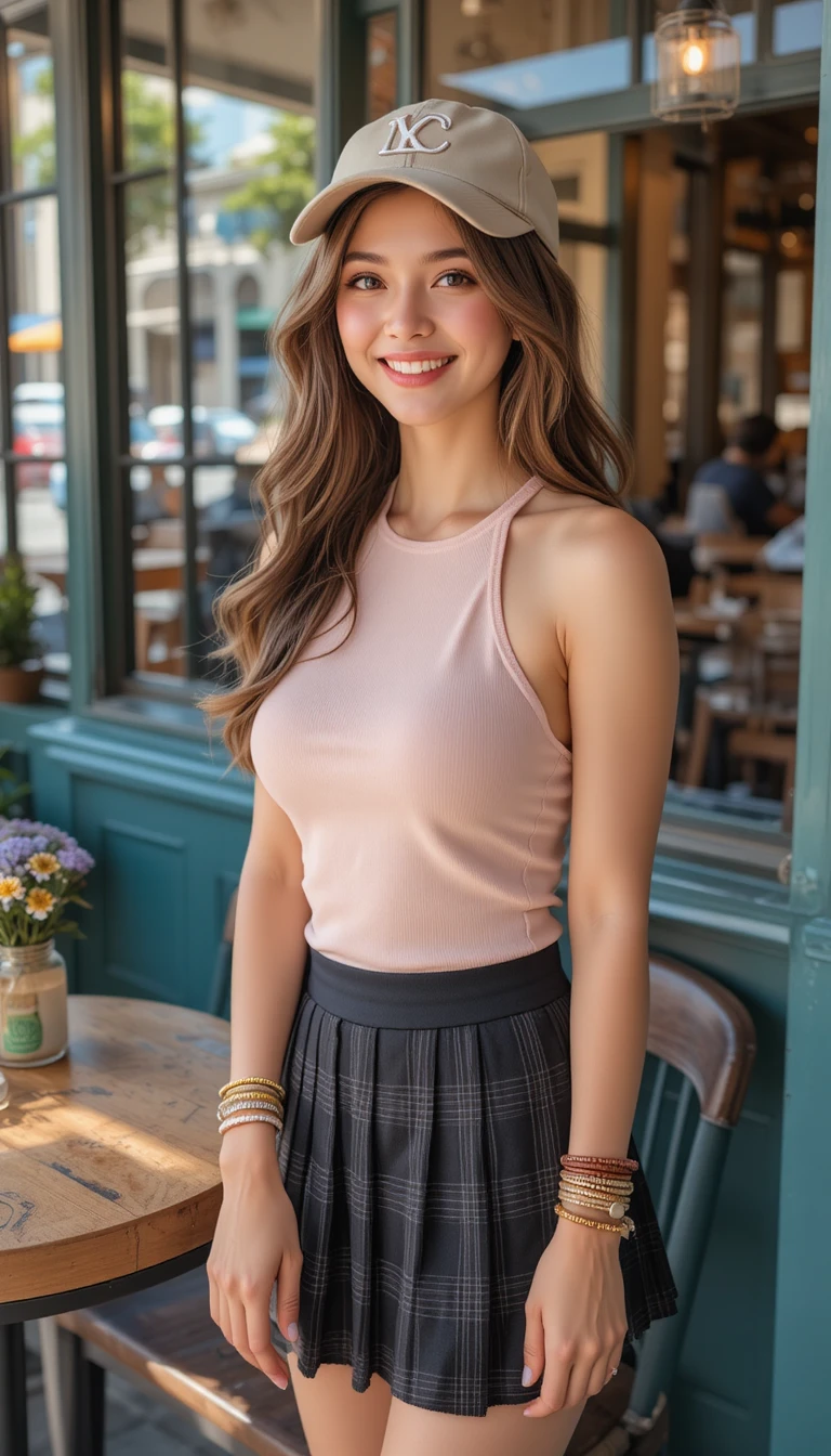 Donna sorridente in outfit preppy in un caffè accogliente