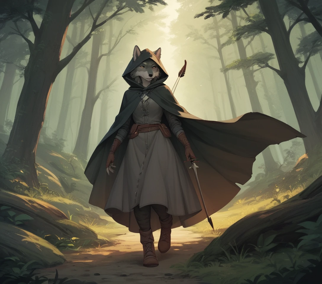 Archère loup anthropomorphe visant une flèche dans la forêt