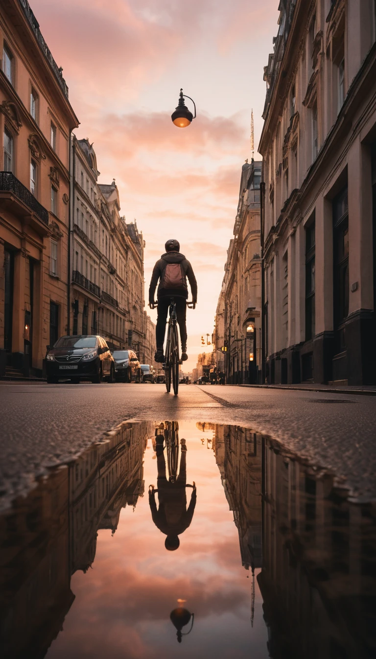 Radfahrer spiegelt sich in Pfütze auf europäischer Straße in der Dämmerung