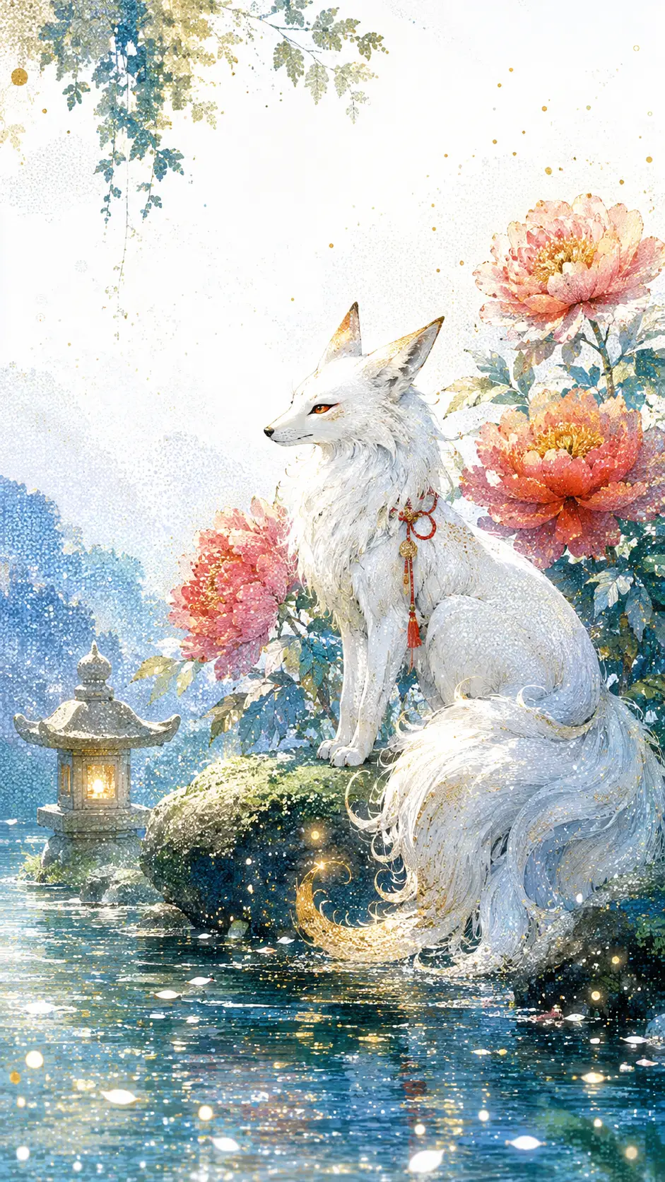 柔和夏日光線下的發光靈狐與牡丹