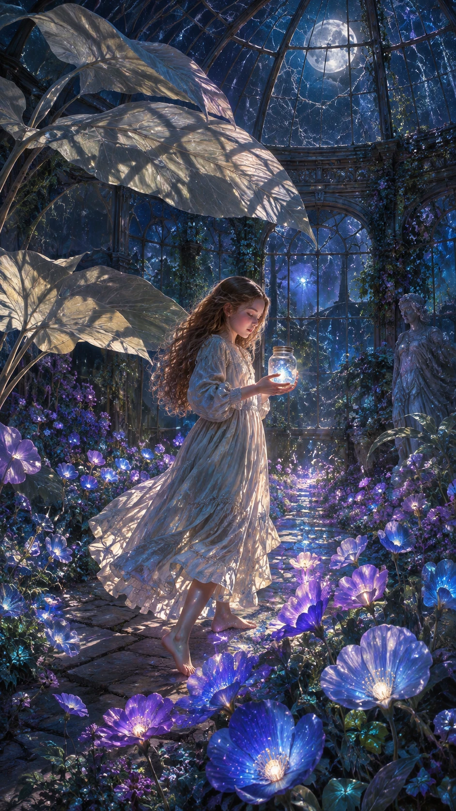 Girl Carrying Moonlight In An Abandoned Midnight Greenhouse