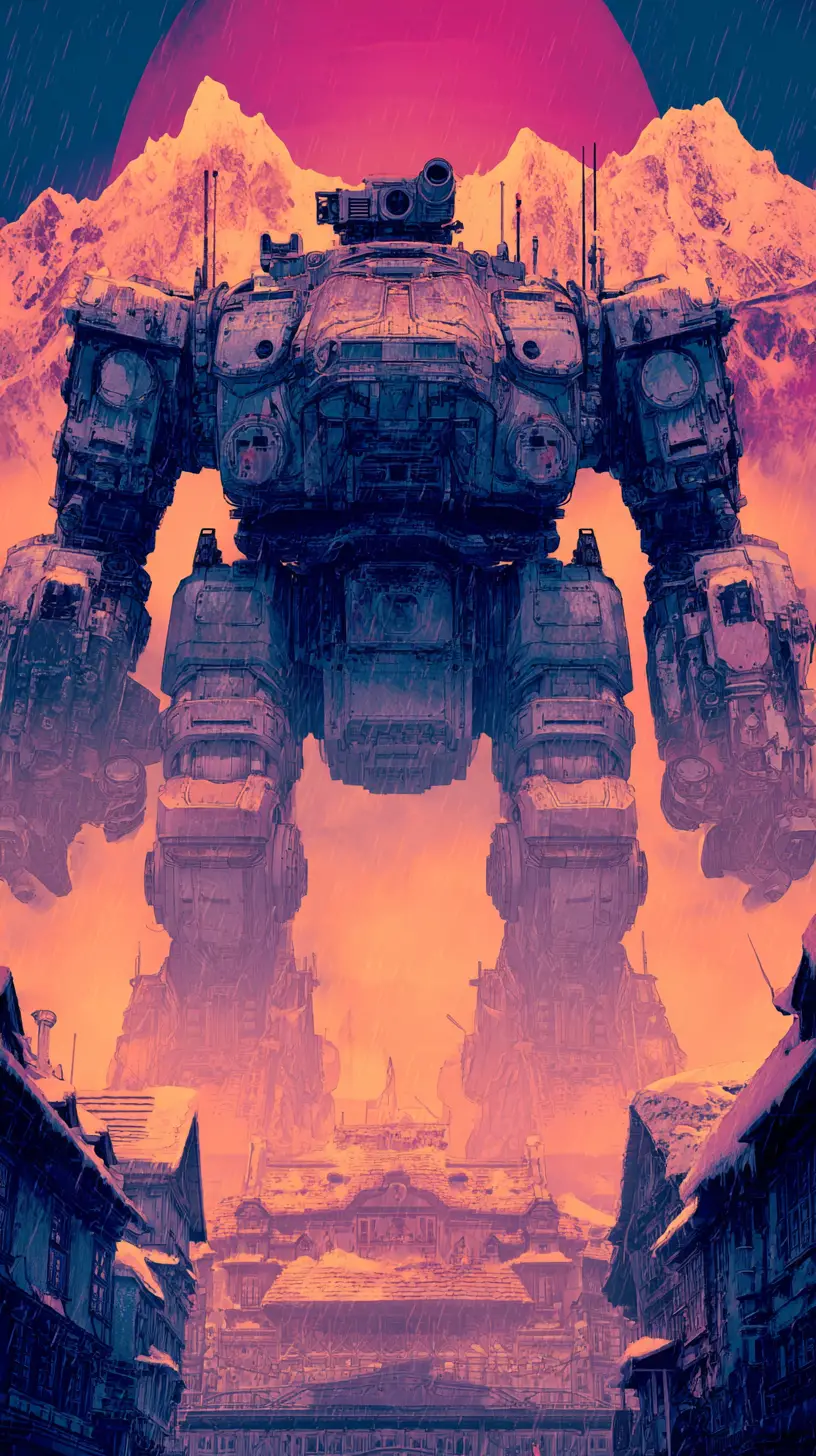 Arctic dieselpunk combat mech before a snow mountain base