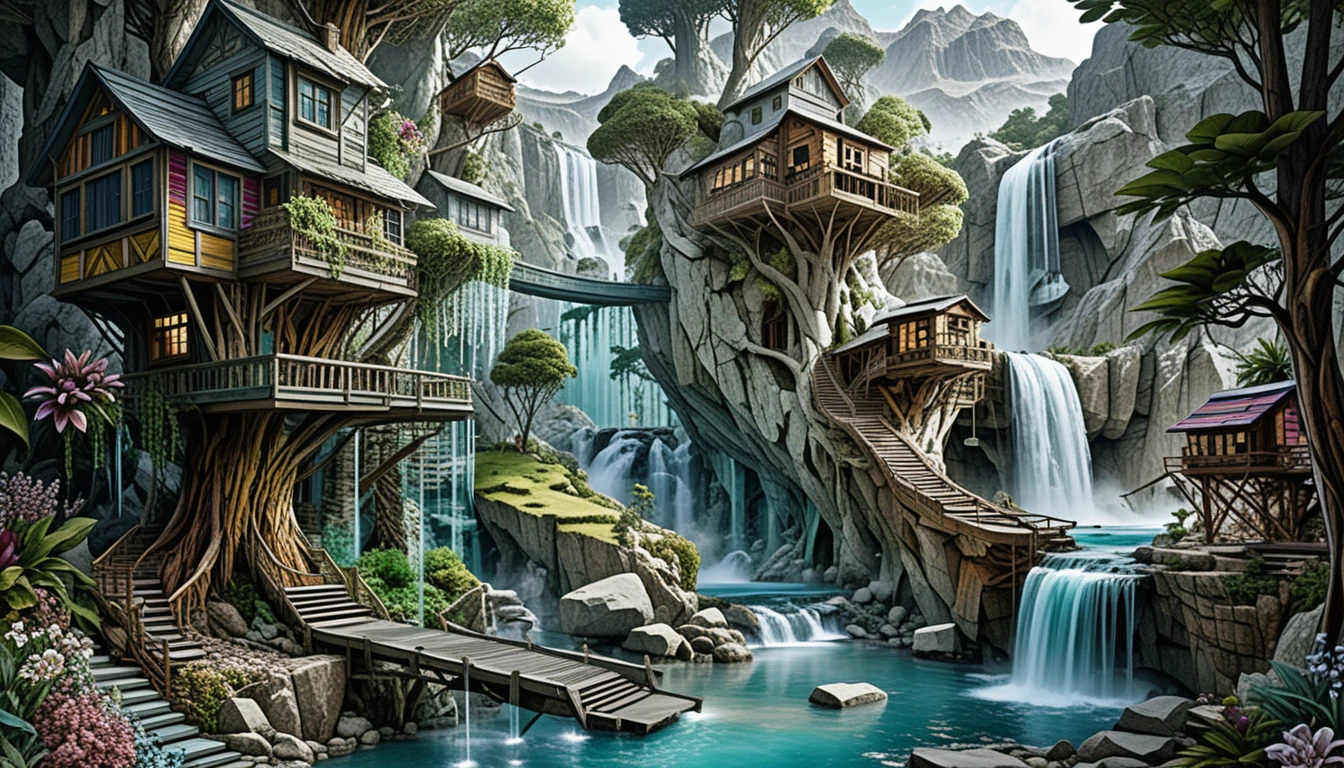 Bunte Fantasy-Baumhaus-Siedlung in einem üppigen Wald