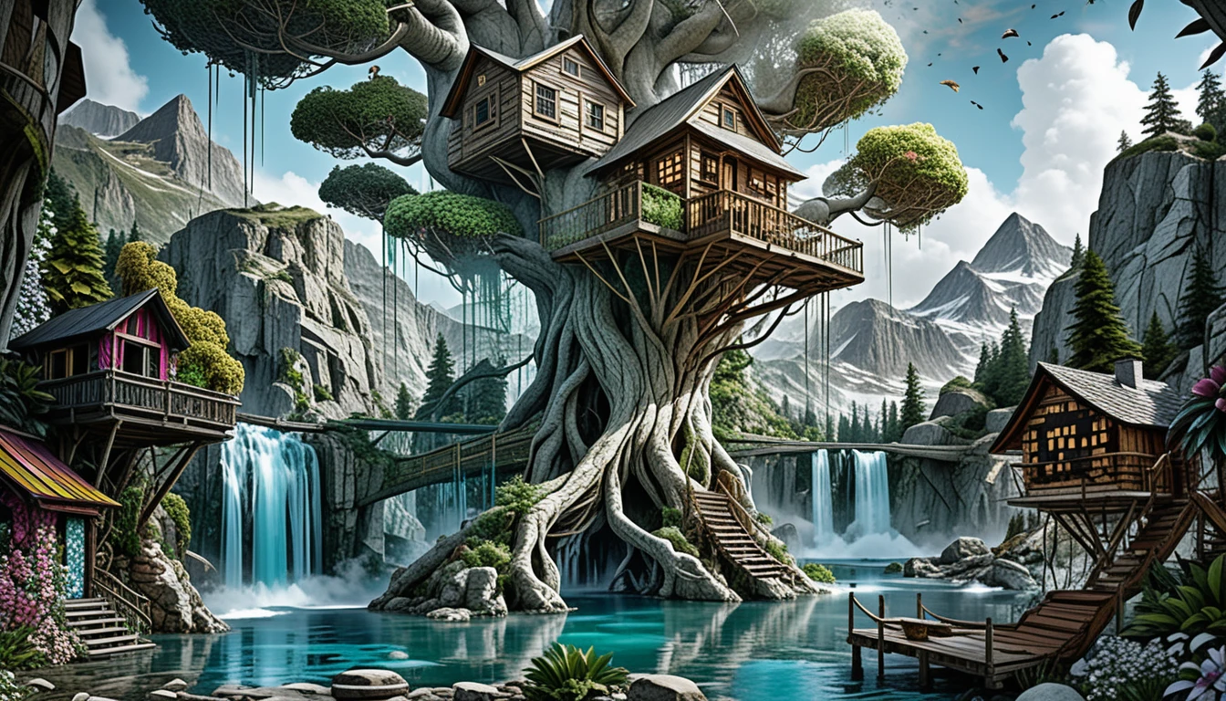 Colorato villaggio fantasy di case sugli alberi con cascata sullo sfondo