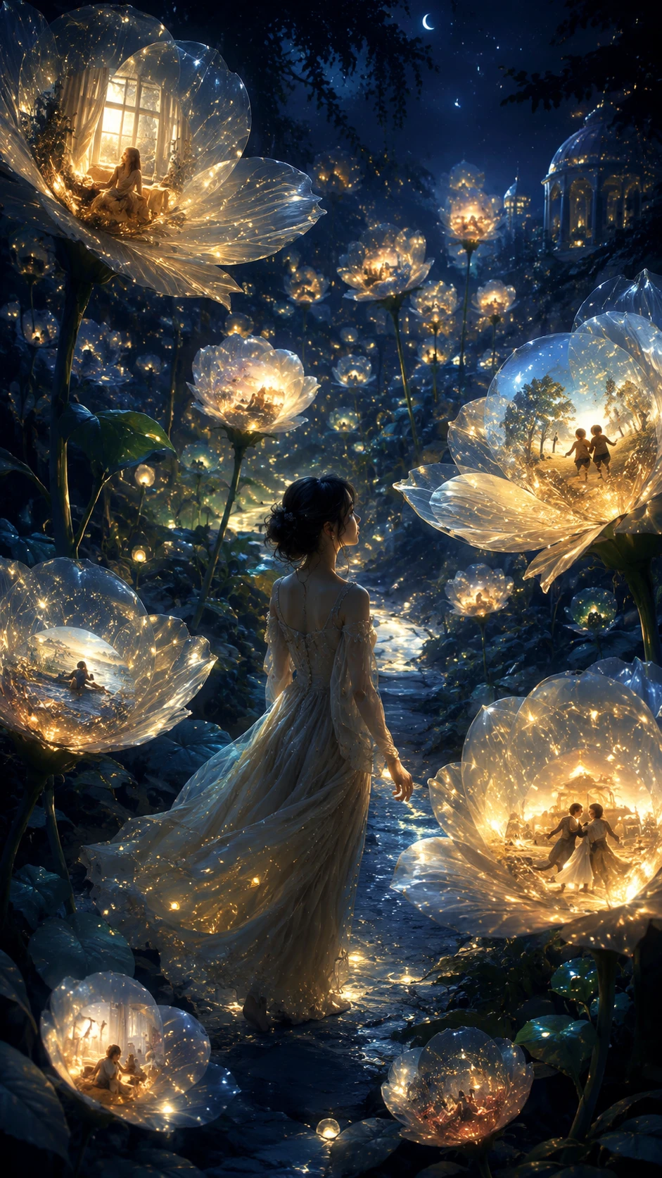 Woman walking through a glowing dreamlike night garden