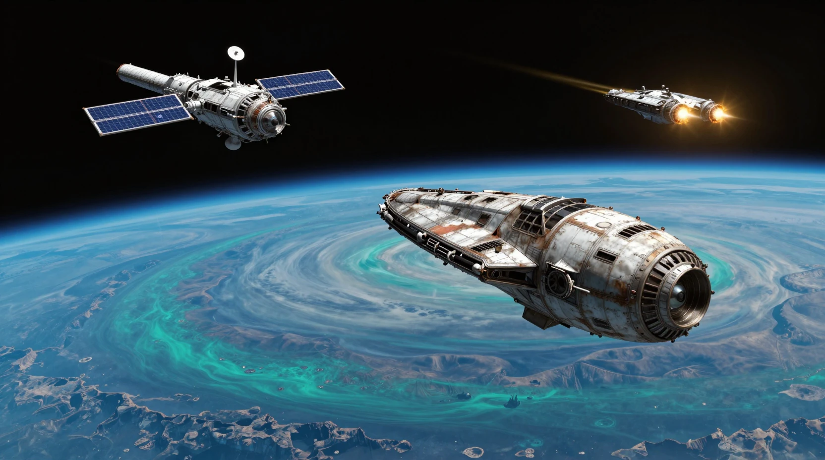 Nave espacial danificada correndo em direção a um planeta alienígena em turbilhão