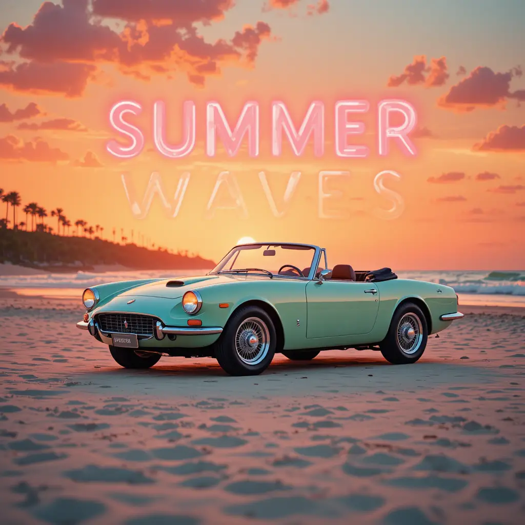 Conversível vintage verde-menta na praia ao pôr do sol com texto em neon