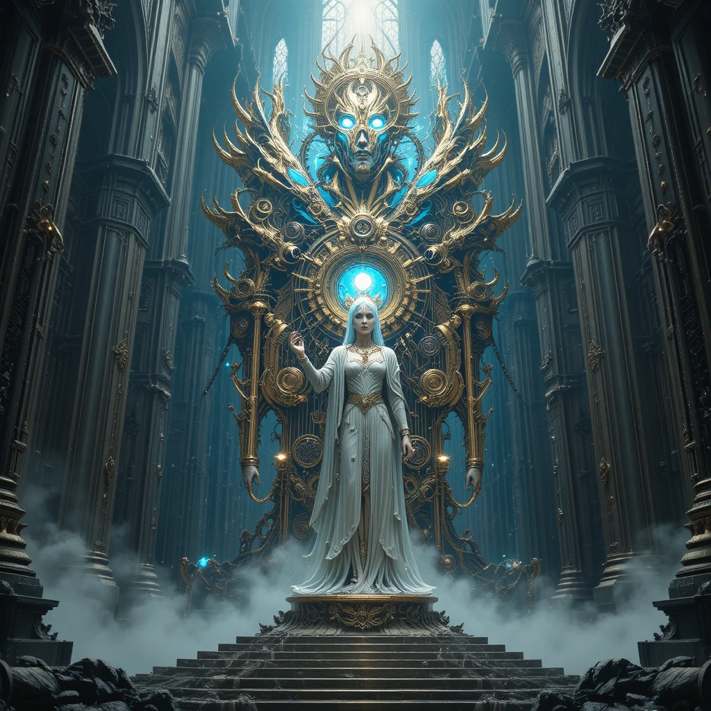 Divindade mecânica mítica em uma sagrada catedral tecno-gótica
