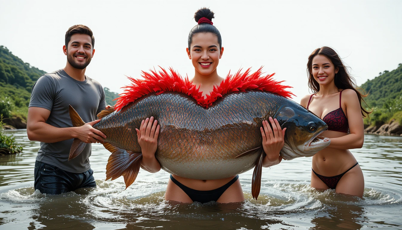 Amigos segurando um peixe gigante de água doce em um rio ensolarado