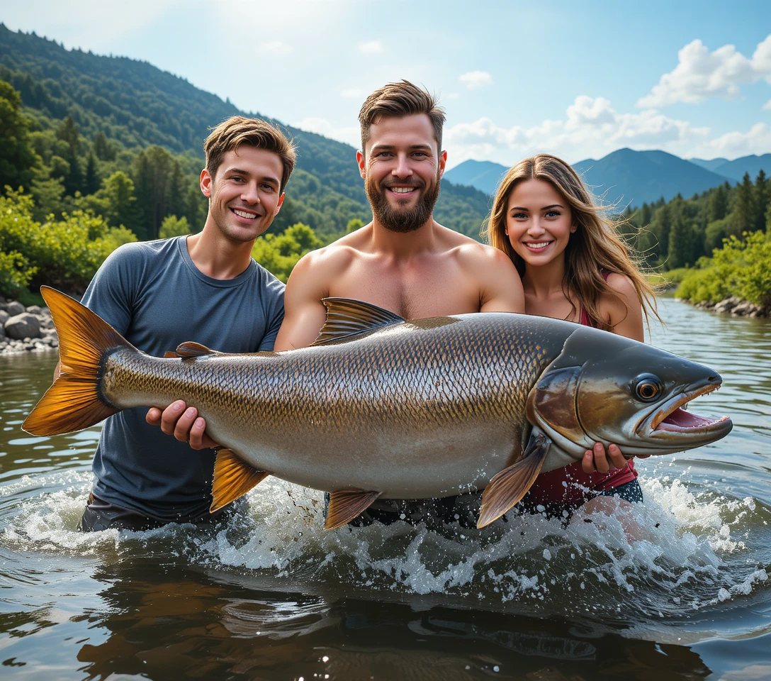 Amigos segurando um peixe gigante em um rio ensolarado