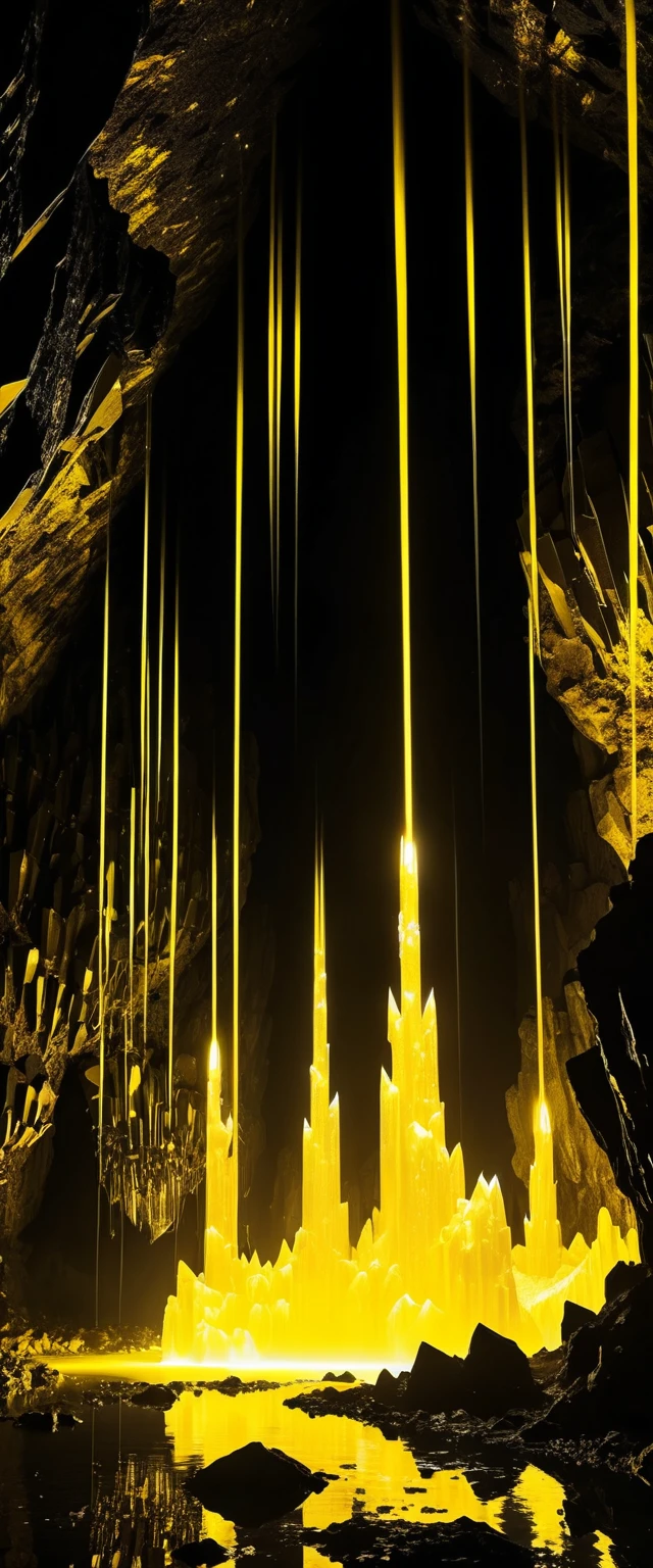 Vista a lunga esposizione di pilastri di cristallo nero in una caverna sci‑fi