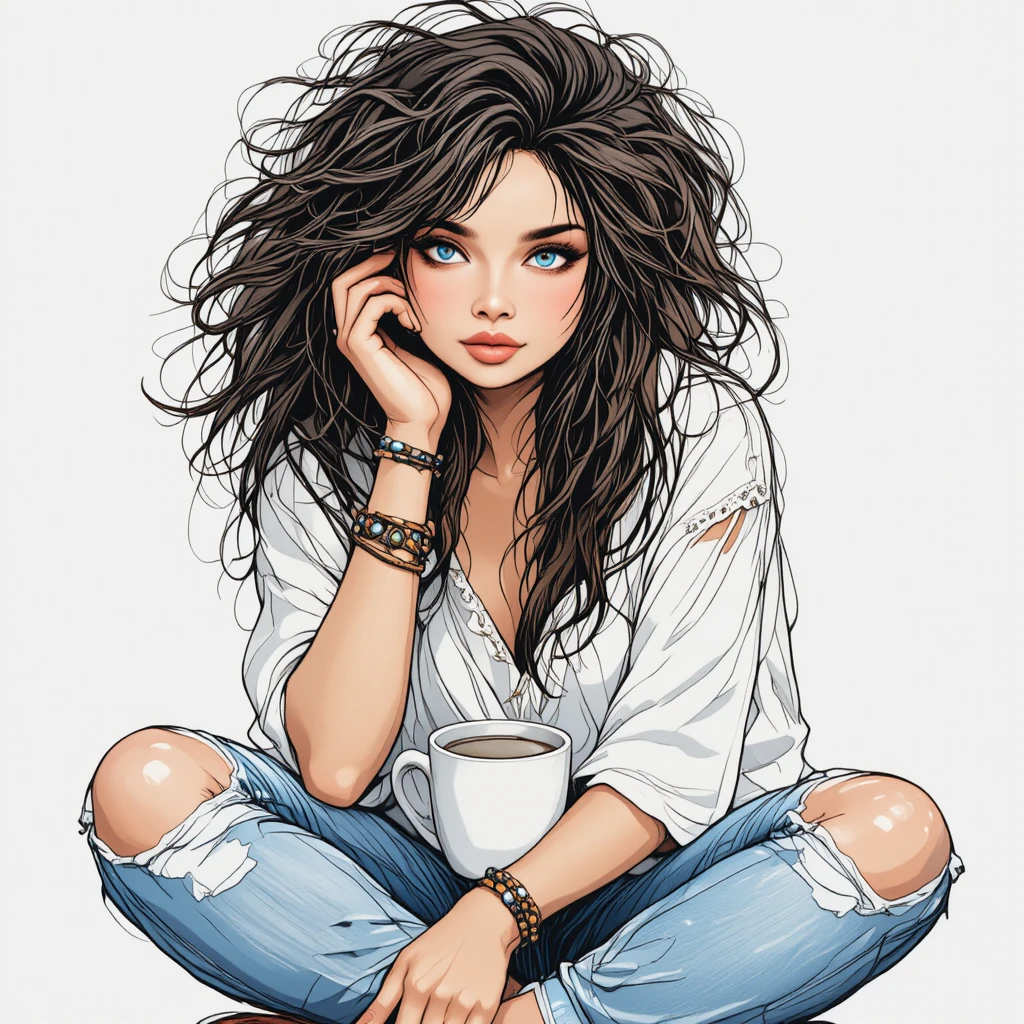 Mulher boho com caneca de café em pose sentada relaxada