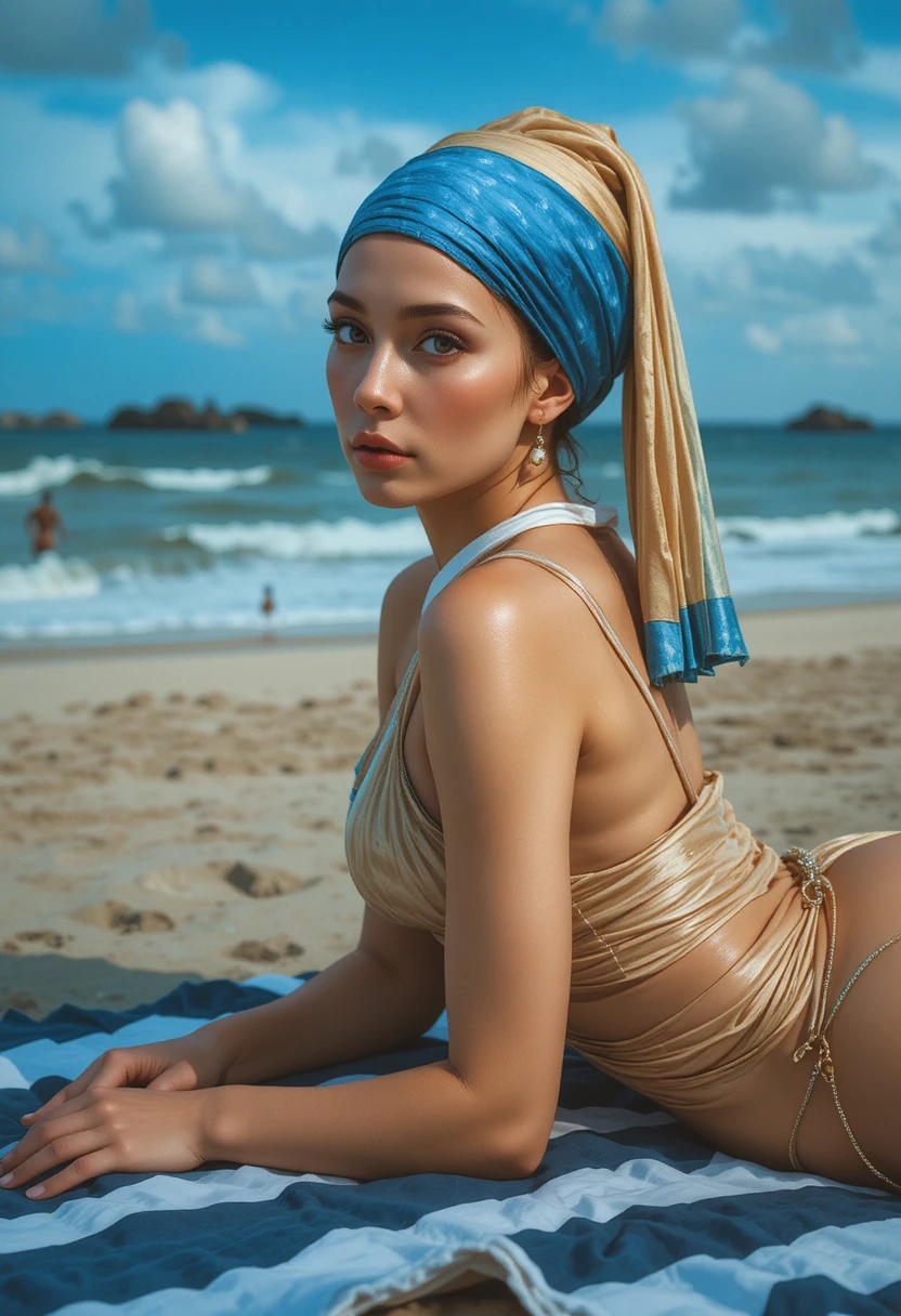Donna in monokini beige che si riposa su un telo da mare