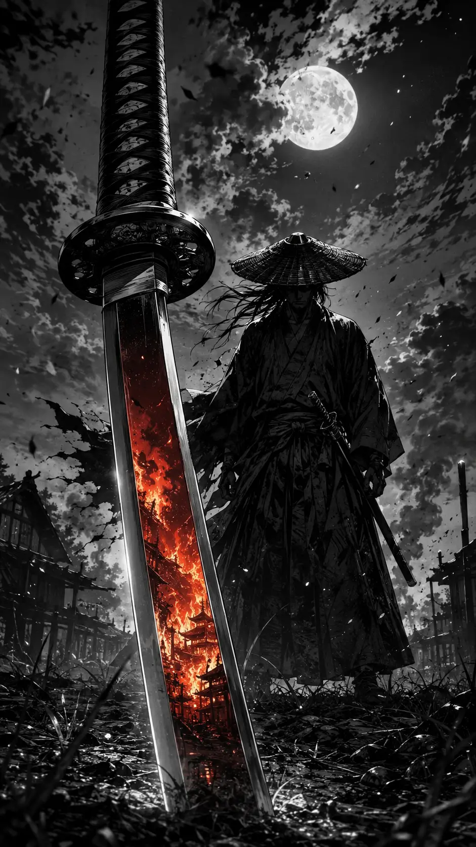 燃える村を映す刀を携えた夜の孤高の侍
