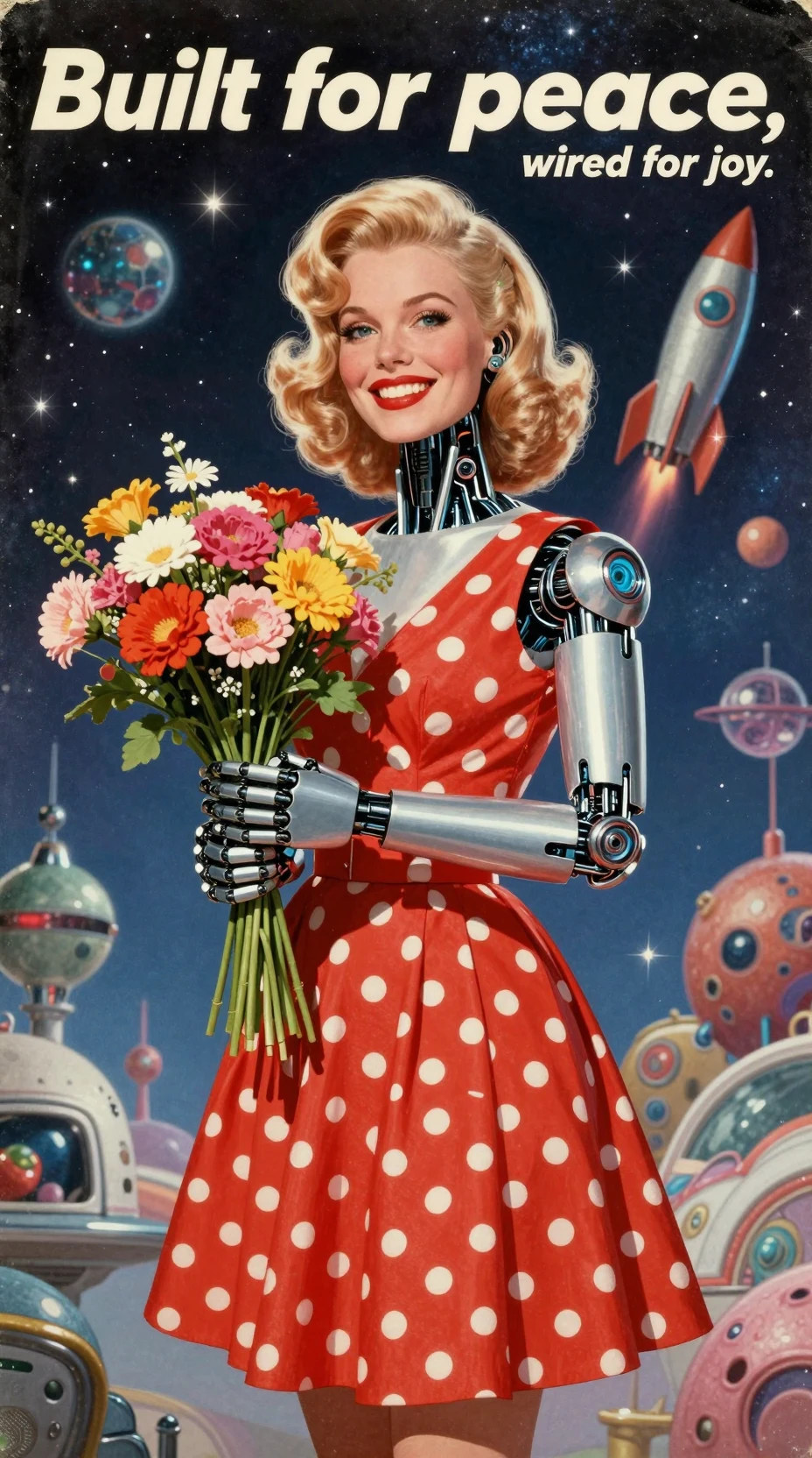Mulher retrô futurista com membros robóticos no espaço estrelado