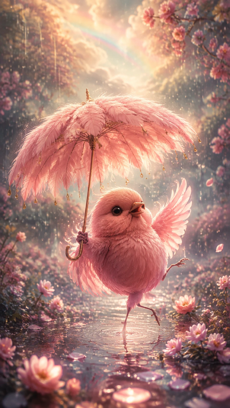 Pássaro fofo cor-de-rosa dançando suavemente sob um guarda-chuva de penas