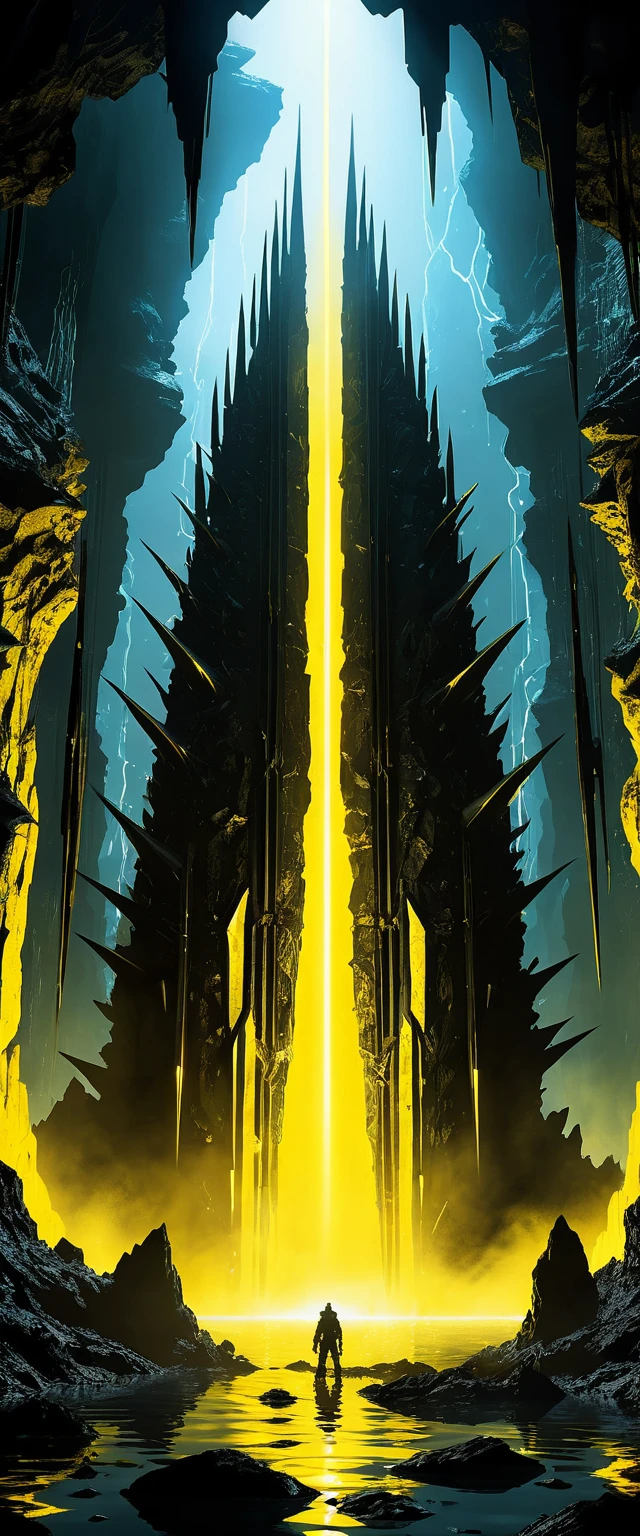 Riesige schwarze Kristallsäulen in einer futuristischen Sci‑Fi‑Höhle