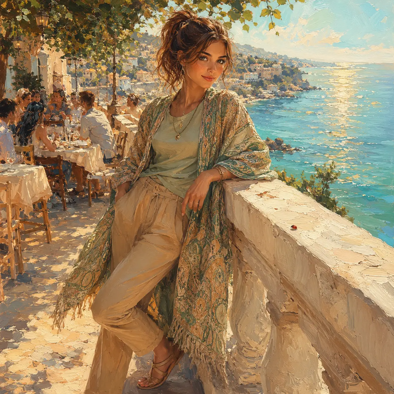 Jeune femme en kimono appuyée sur la rambarde d’un restaurant en bord de mer