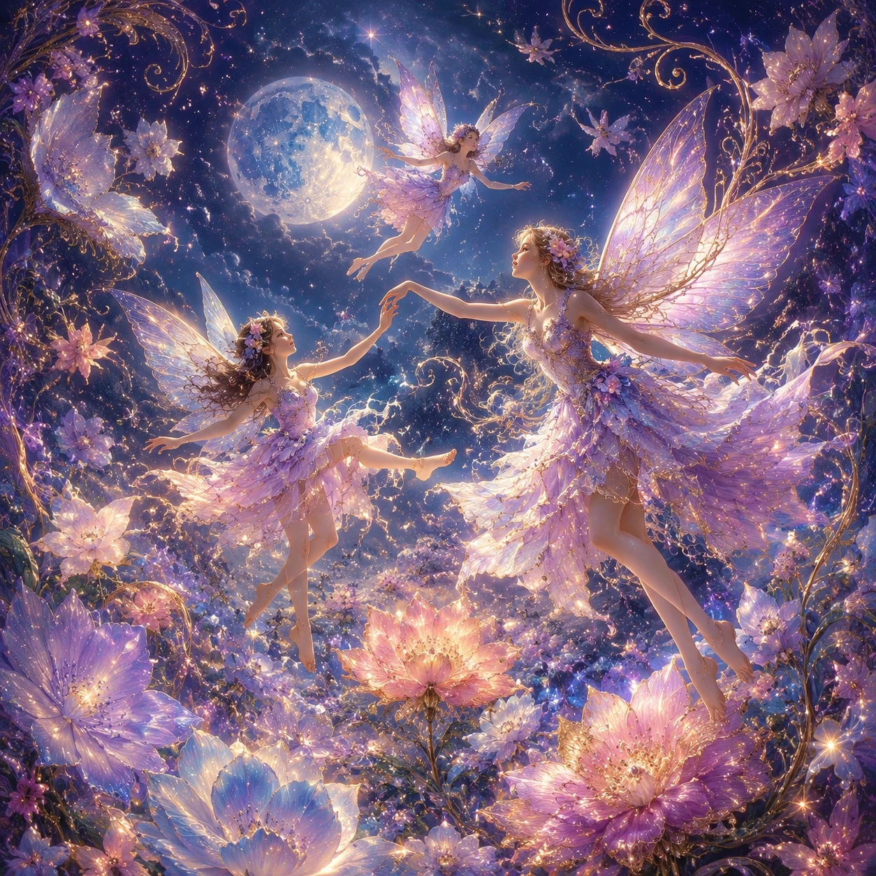 Fées dansant parmi des fleurs pastel lumineuses au clair de lune