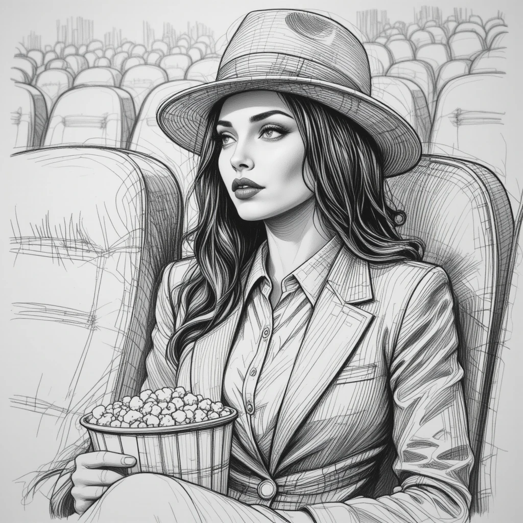 Mujer pensativa con traje y palomitas en boceto de cine
