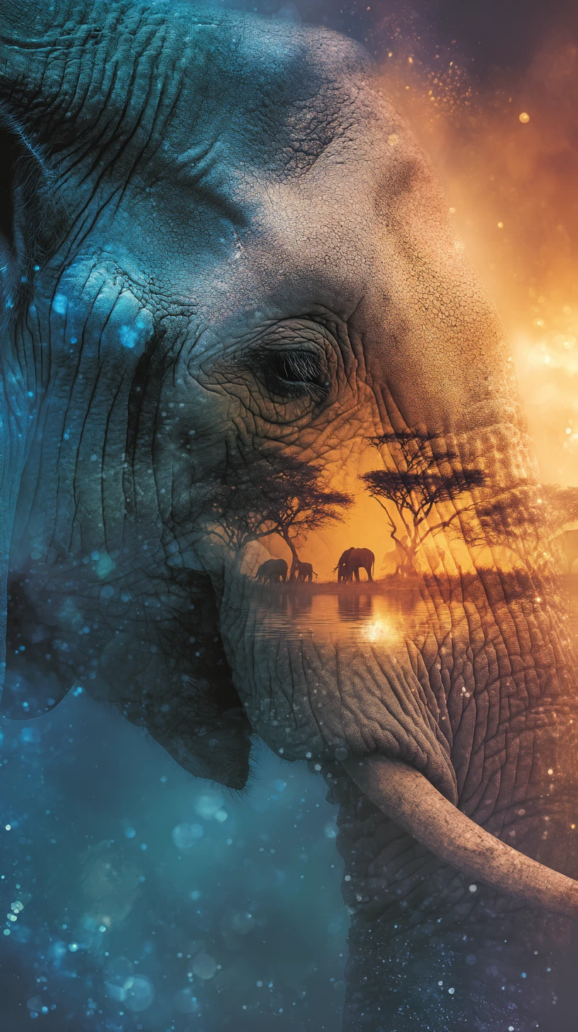 Retrato surreal de elefante fundido com paisagem de pôr do sol africano