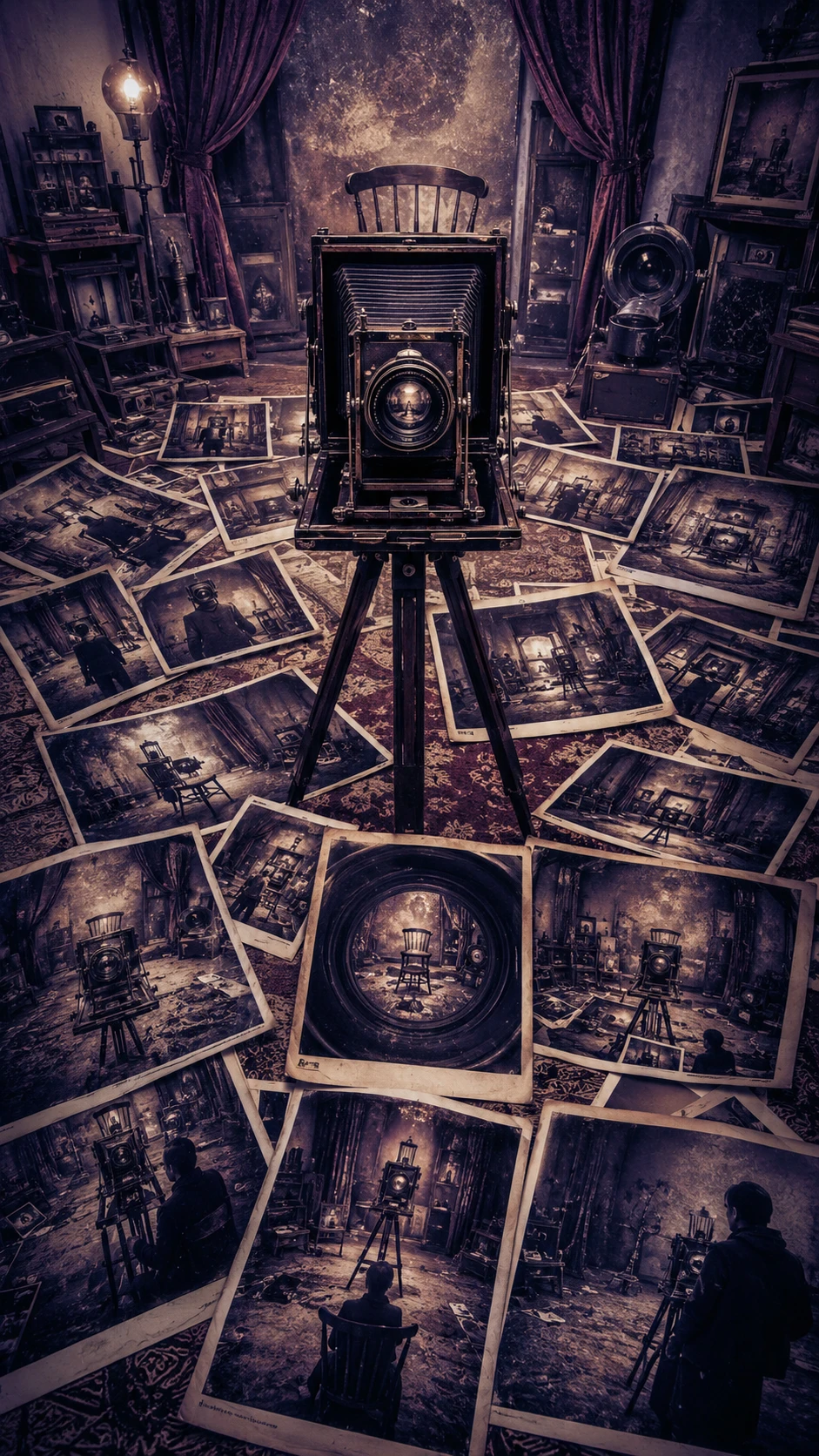 Câmera vintage em estúdio vazio com fotos surreais espalhadas