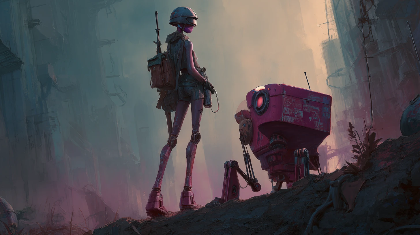 Mulher armada e dróide vasculhando uma cidade pós-apocalíptica