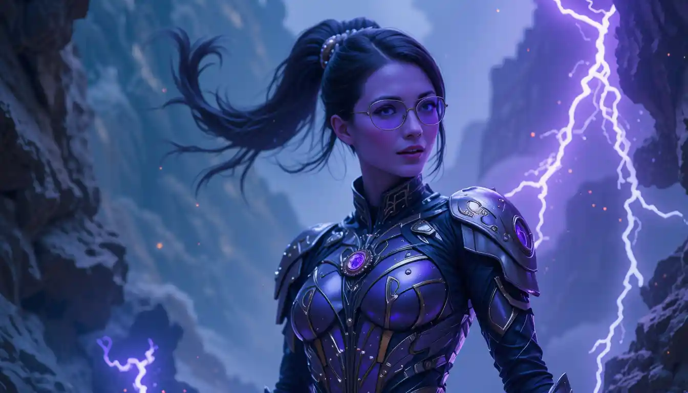 Violet skinned warrior woman in a distant sci fi world