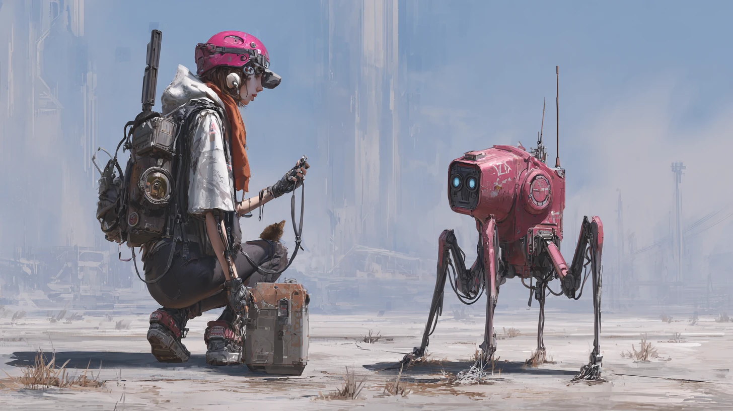 Mulher saqueadora armada e androide em deserto arruinado