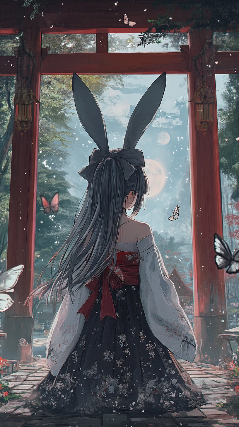 Chica de anime en sendero de piedra en un bosque de bambú místico