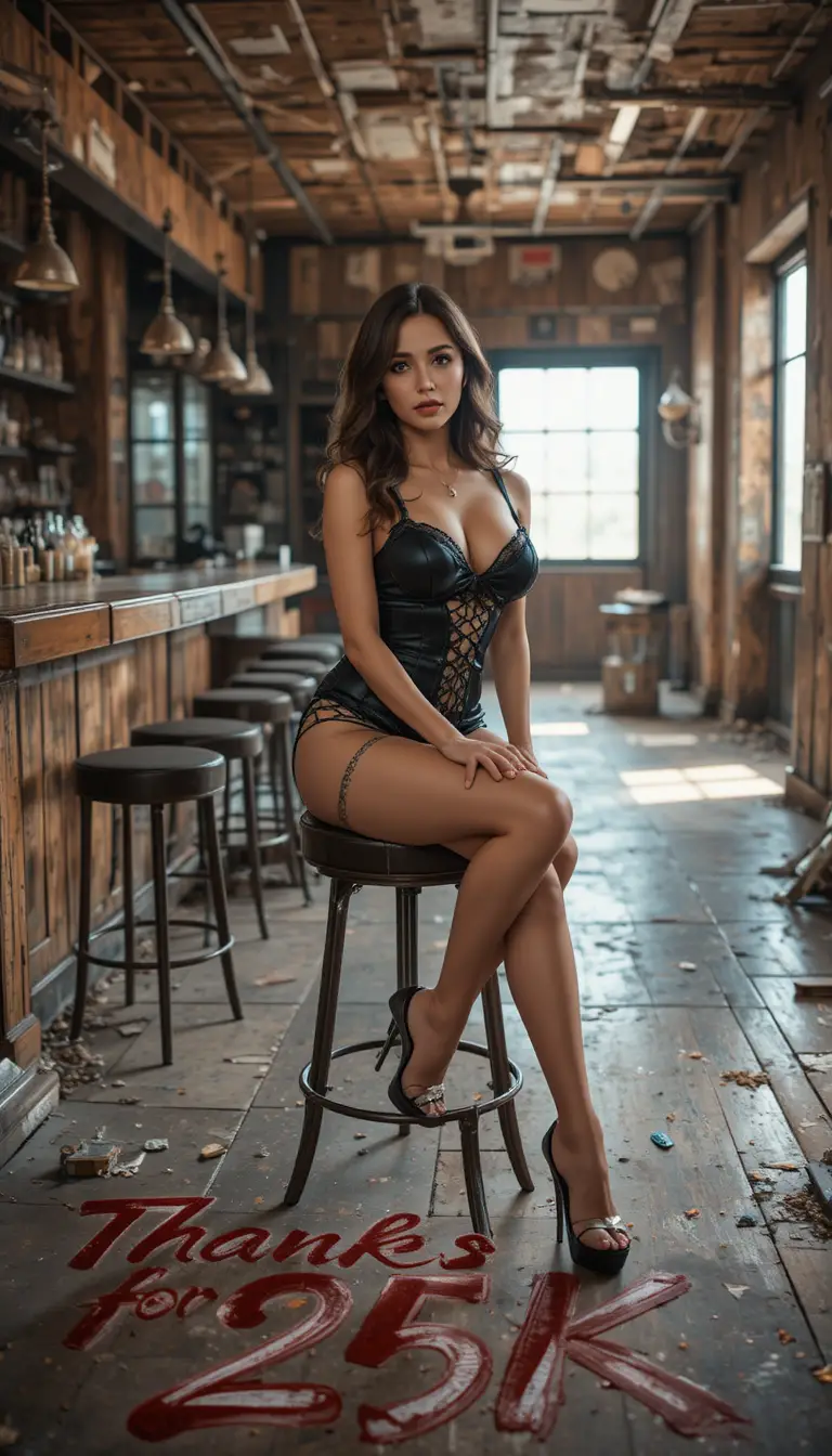 Elegant woman sitting on a stool in an abandoned bar