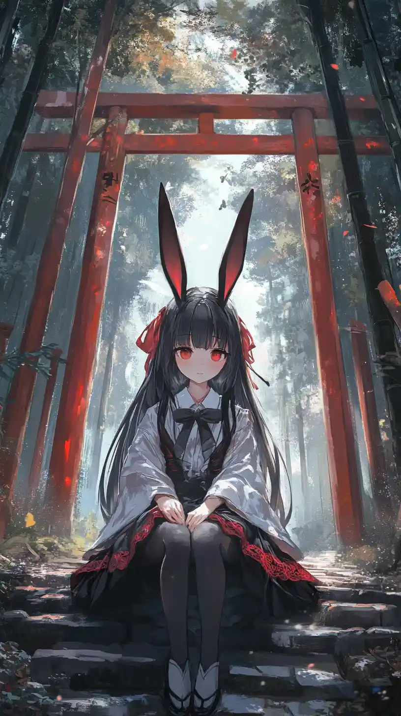 Ragazza anime su un sentiero di pietra in una tranquilla foresta di bambù