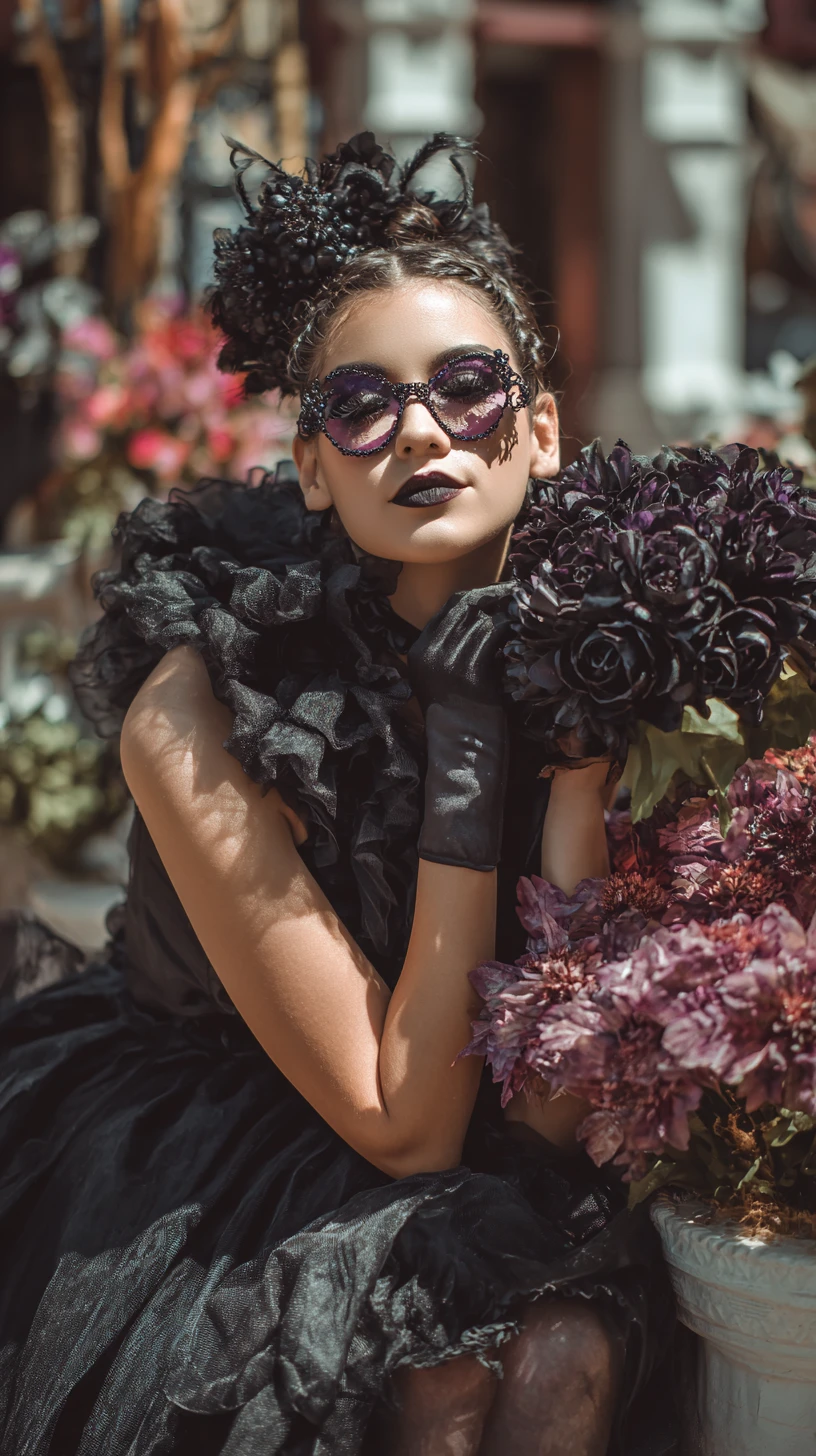 Mulher feliz de preto em uma rua gótica de vila