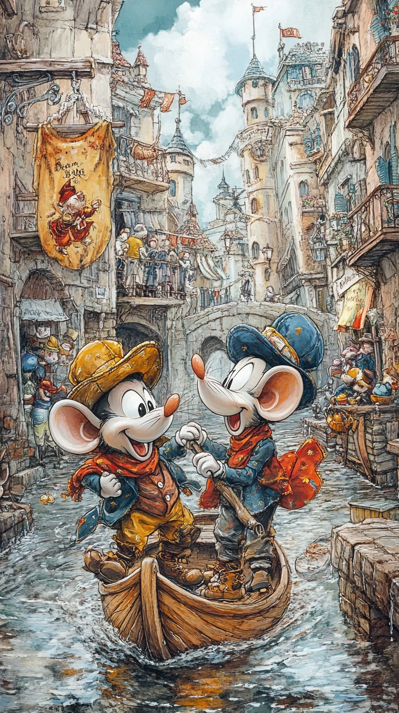 Personagens de rato em desenho animado explorando uma cena urbana colorida